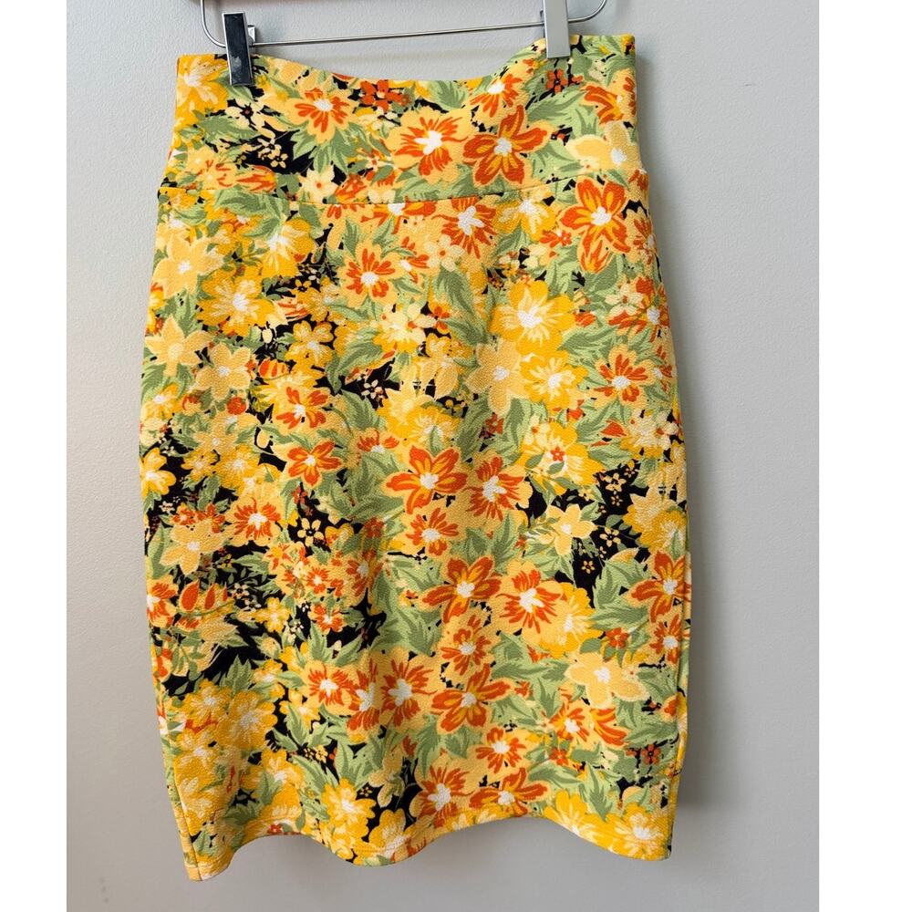 LuLaRoe Cassie Pencil Skirt Floral Yellow Orange Green Black Size S Stretch